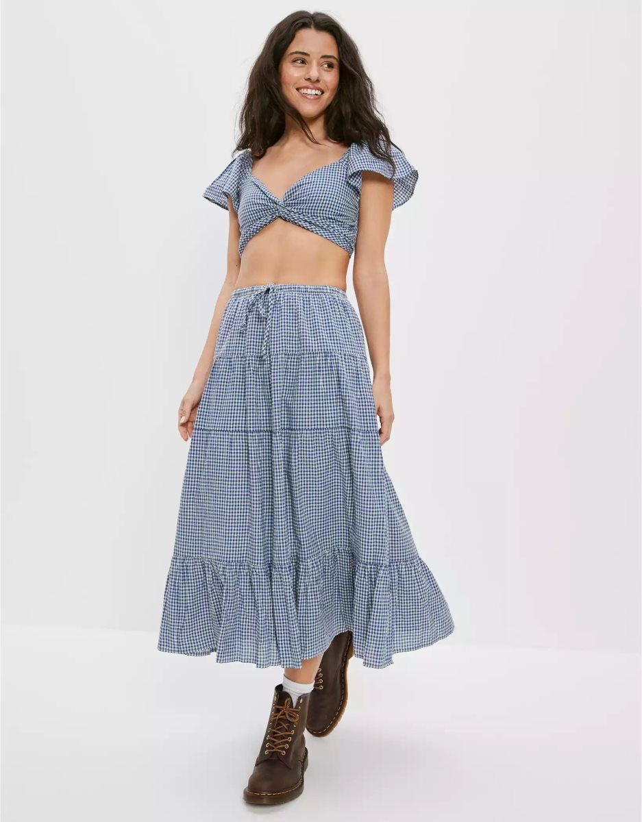 Jupes American Eagle AE Gingham Tiered Midi Bleu Marine Femme | OLK-32147003